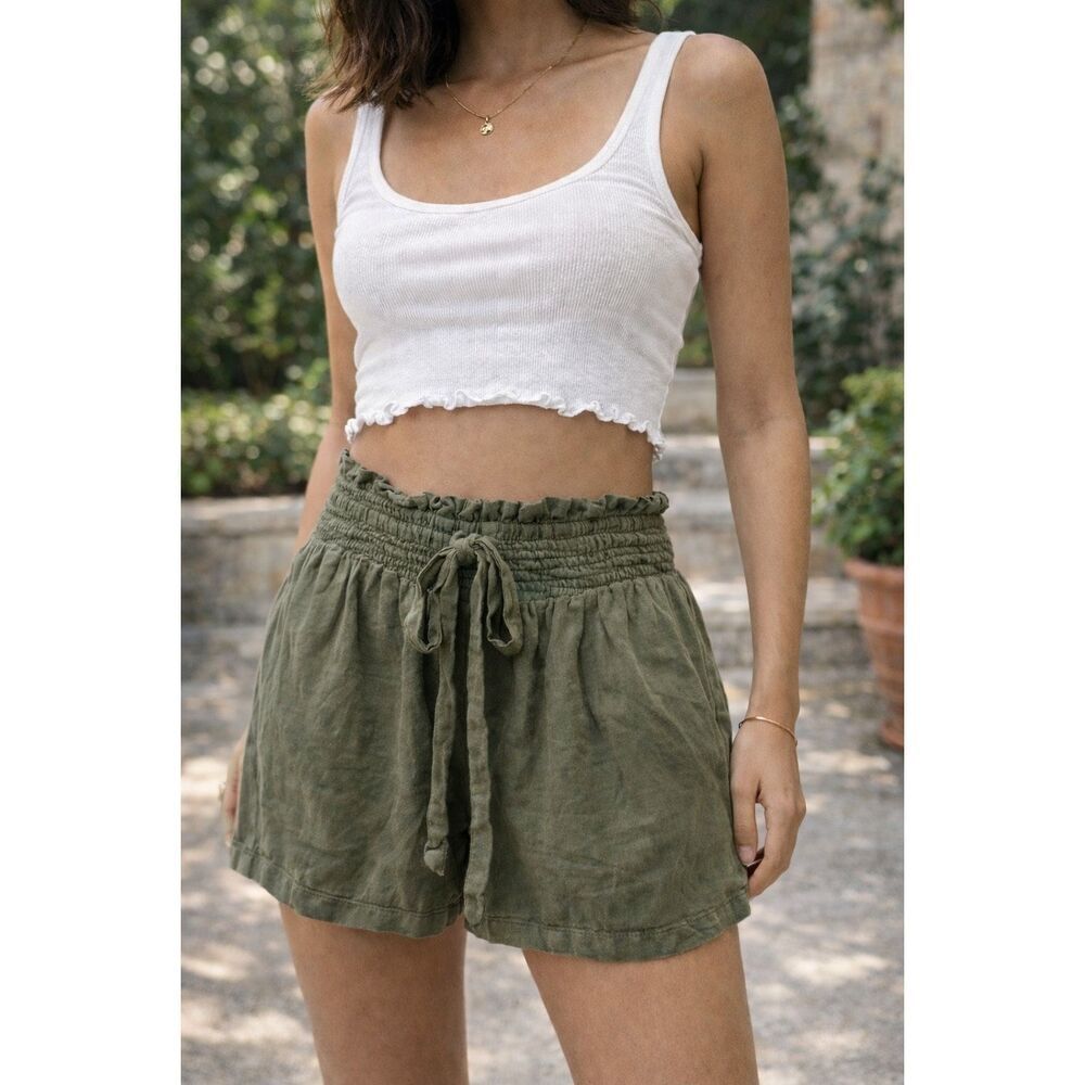 Hollister Olive Green Smocked Waist Shorts Tie Front Flowy Lounge Boho XS